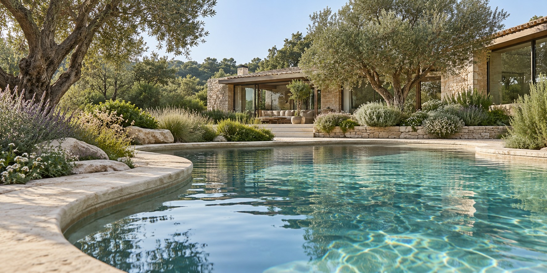 Garden pool surrounded by lush planting