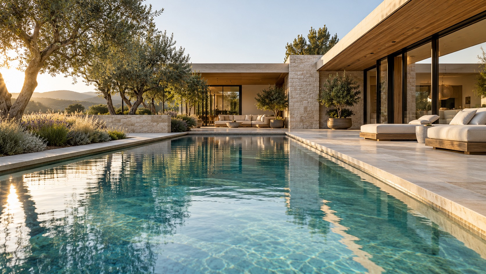 A tranquil architectural pool beside a contemporary timber and stone home