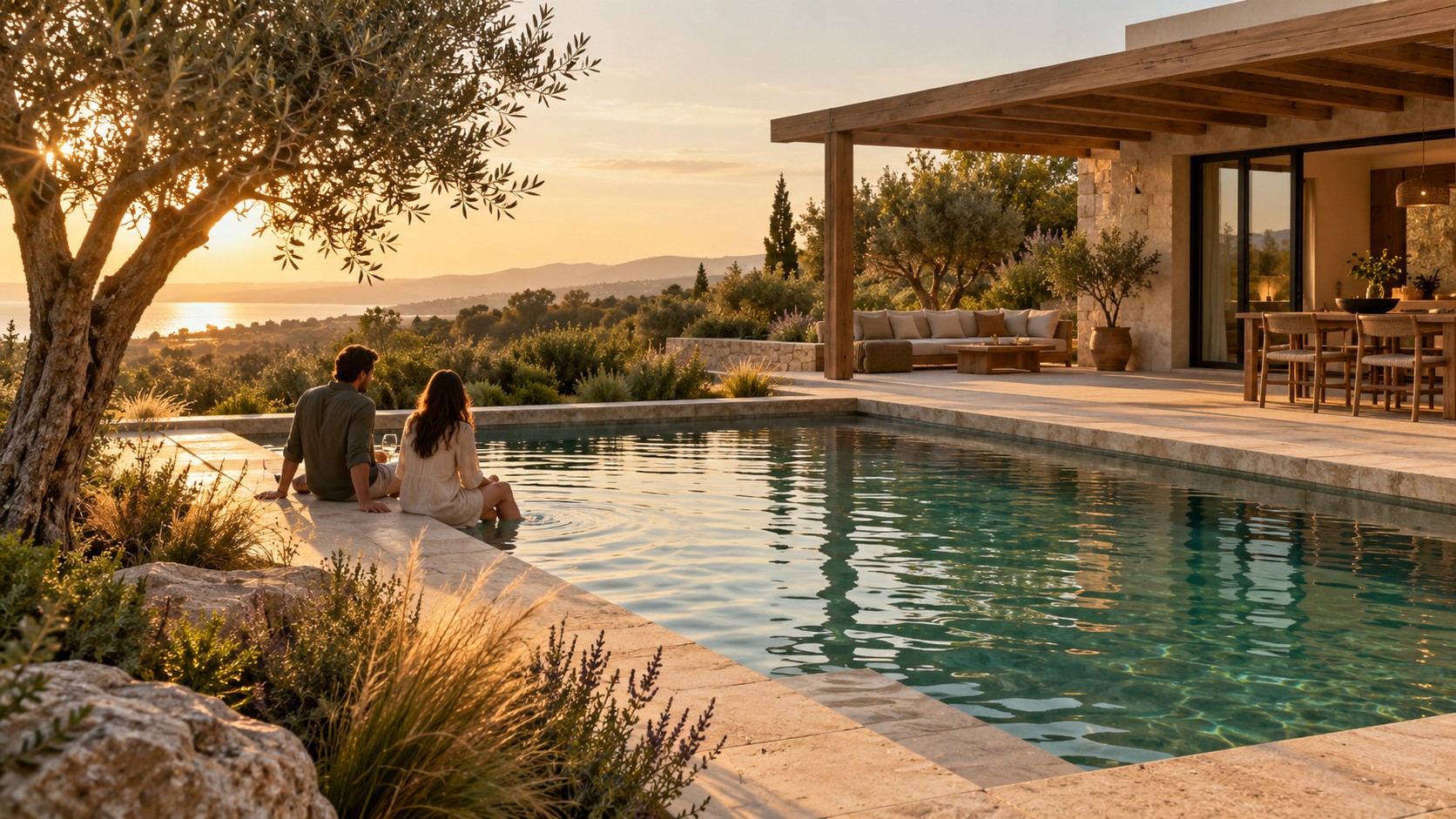 Quiet golden-hour moments around a residential pool